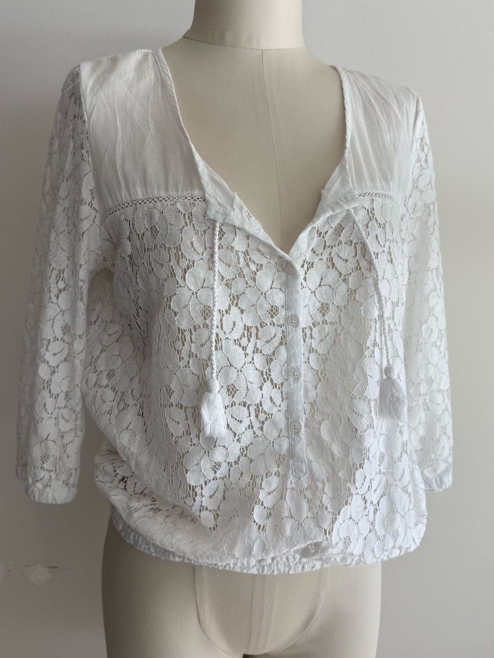 Aeropostale White Lace Button-Front Blouse with Tassel Ties